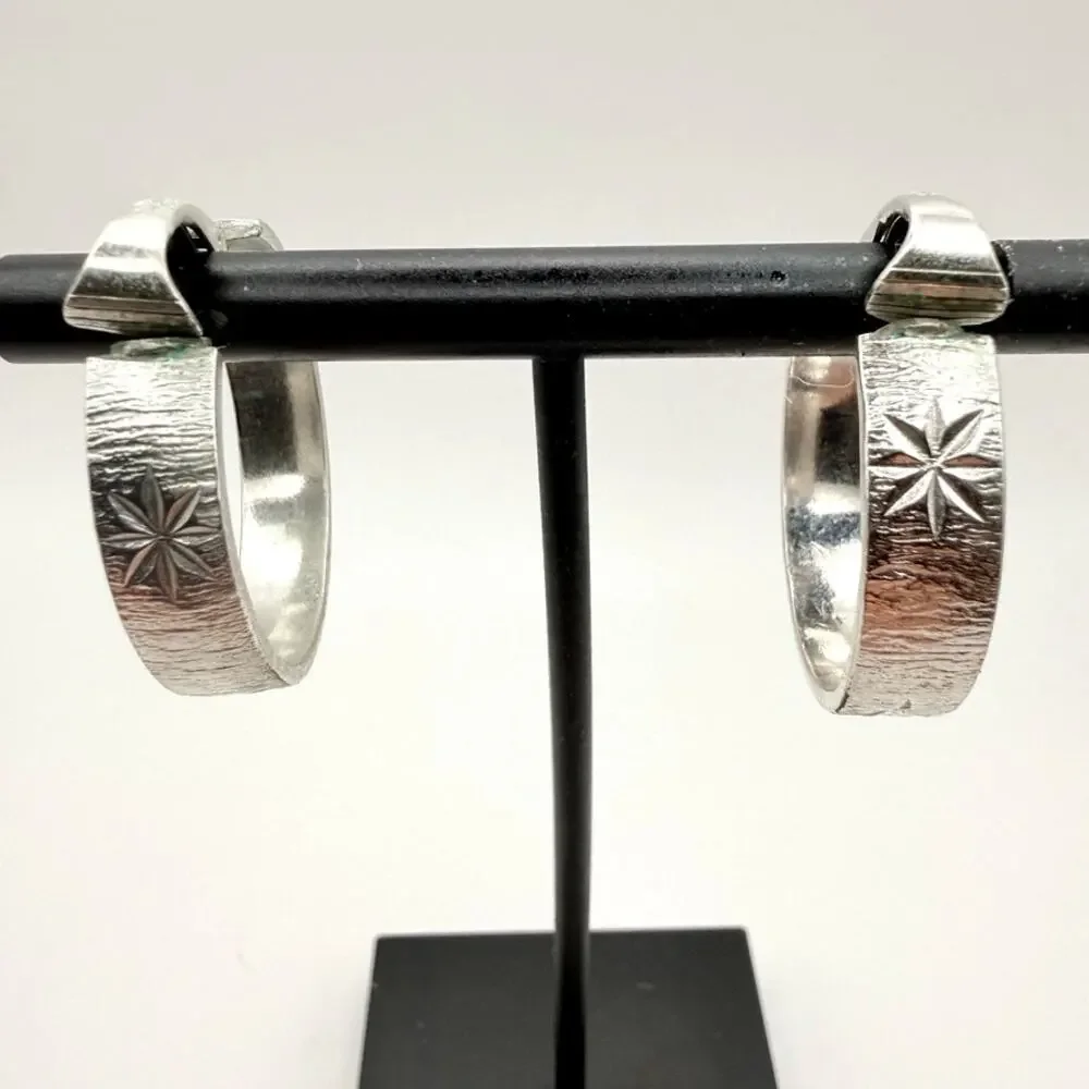 Vtg MCM LH Segal California Hoop Earrings Silver Tone Textured Etched Clip On
